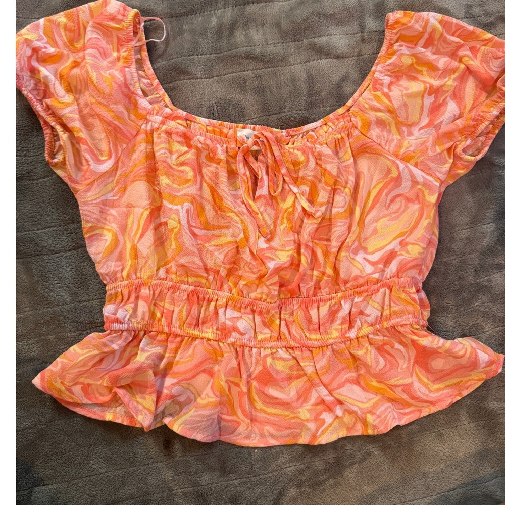 Pink Rose Orange Pink Swirl Peplum Blouse Smocked Waist Top Small